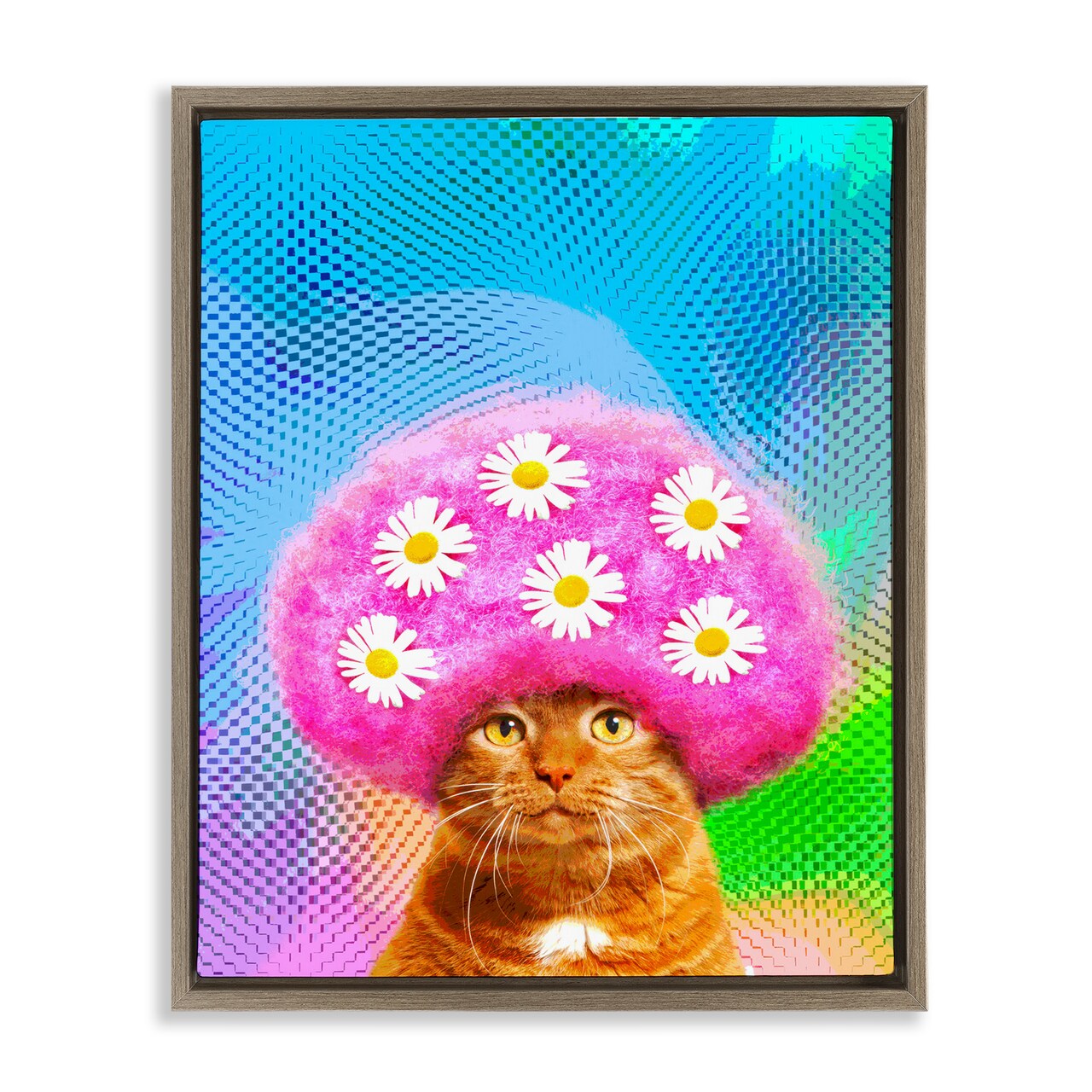 Stupell Industries Groovy Daisy Wig Cat Framed Floater Canvas Wall Art Design by Michael Quackenbush